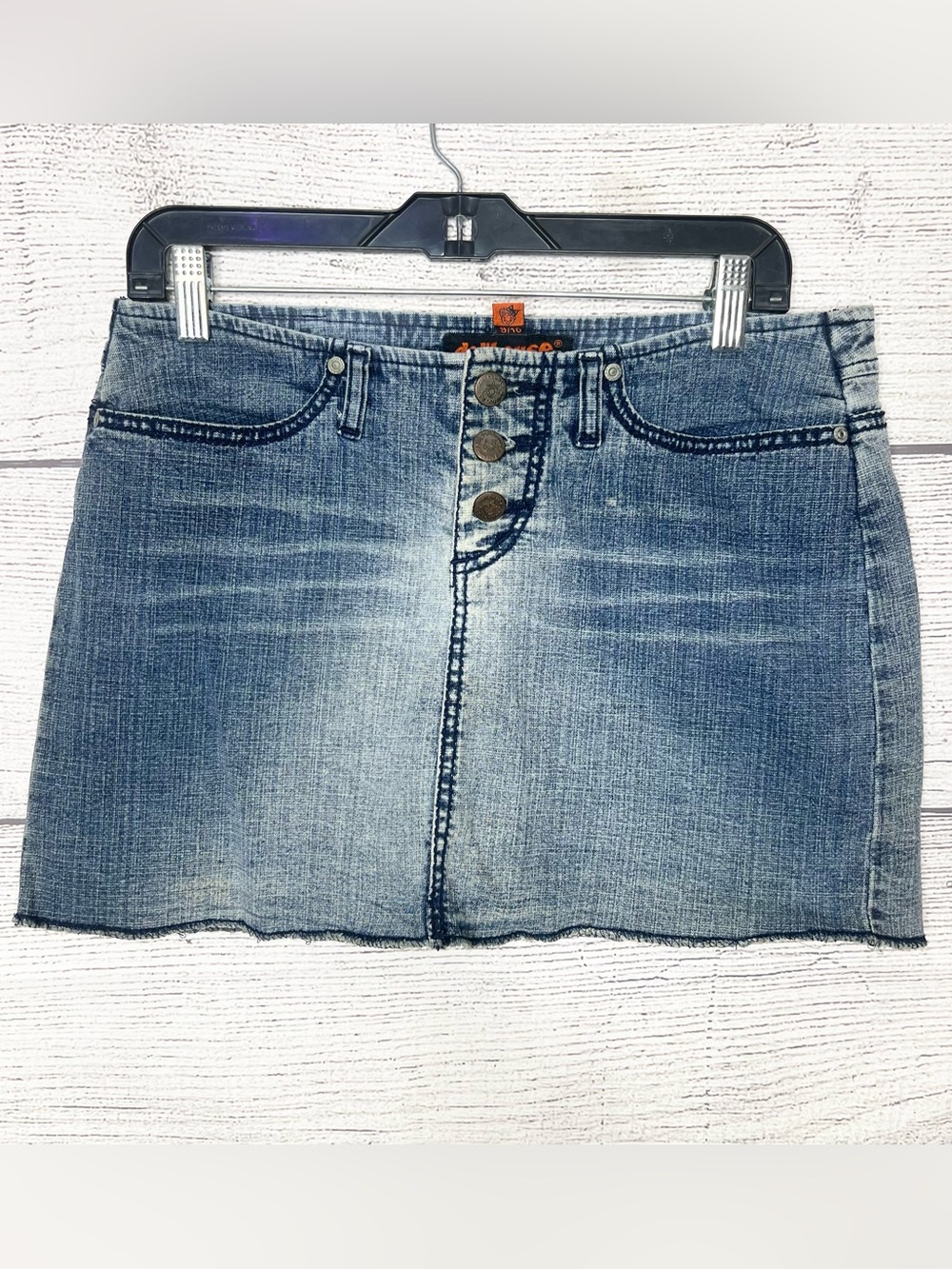 Vintage Y2K Dollhouse Button Fly Distressed Denim Mini Skirt Size 9/10